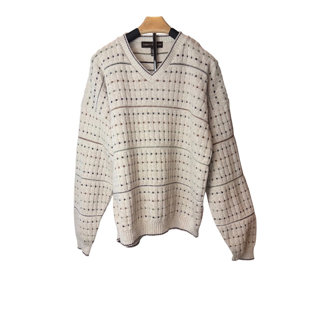 VTG Liberty Sweater Mens Cream Textured V-Neck Pullover Academia Preppy M